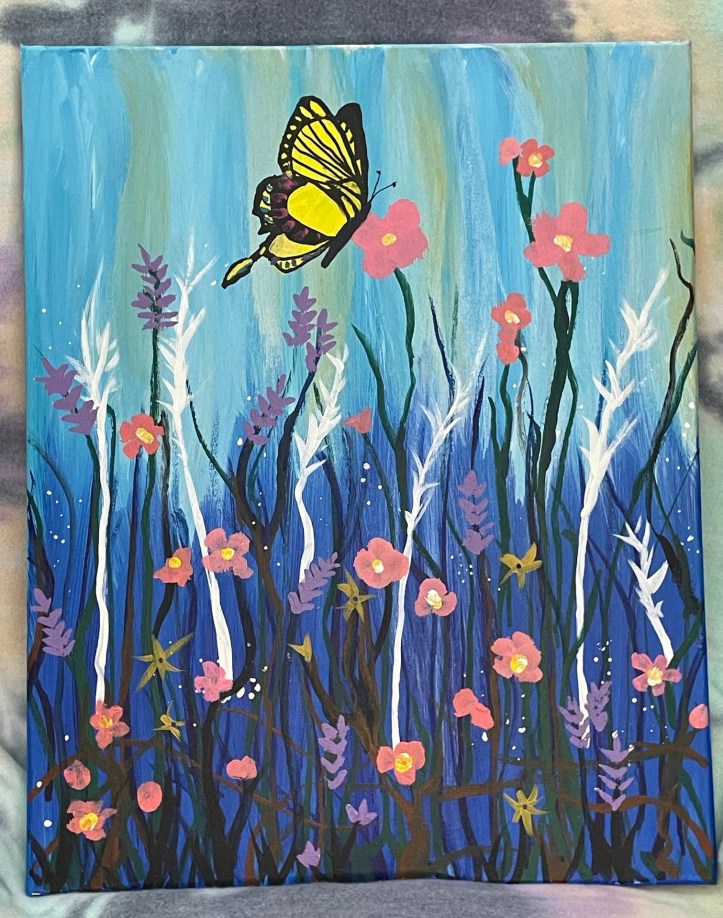acrylic painting of yellow butterfly with a background of blue grasses and purple and pink flowers