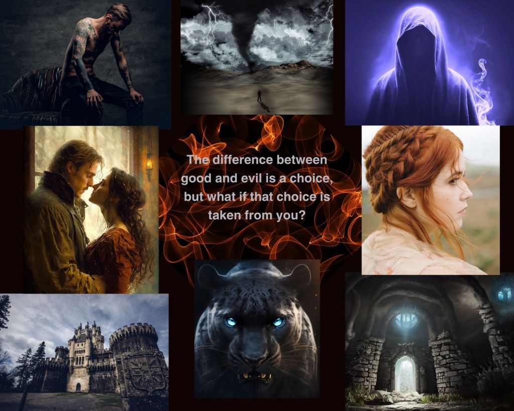 Line 1: tattooed man sitting with a dark background looking despondent, mysterious photo of thunderstorm and tornado, eerie cloaked figure surrounded by purple smoke. Line 2: man and woman embracing circa 1800s staring desperately at each other, orange flame behind the quote "The difference between good and evil is a choice, but what if that choice is taken from you?", a red haired woman looking sadly over her right shoulder. Line 3: Butron Castle a fortress with a cloudy sky, an angry black puma with ice blue eyes, a stone room with a grass floor dimly lit by sunlight. Designed using Freepik.