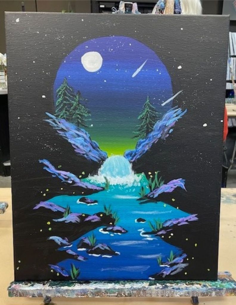 Acrylic painting of moonlight river with a waterfall in blacks, blues, purples and green with shooting stars and fireflies