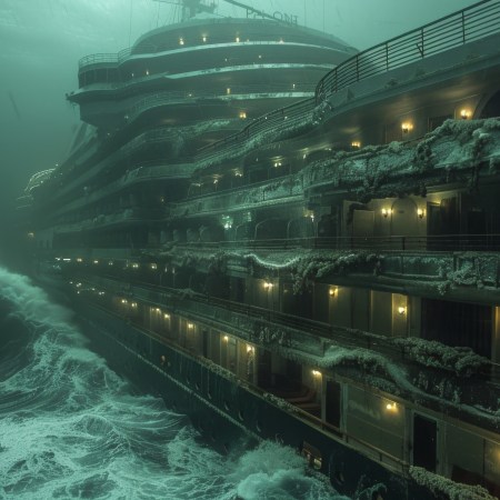 spooky abandoned cruise ship in a storm