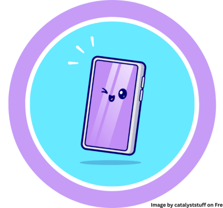 A drawing of a happy, winking, purple smartphone on a light blue background