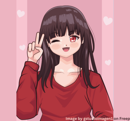 An anime drawing of a brunette girl with red eyes, winking and showing a V with her fingers, meaning peace.