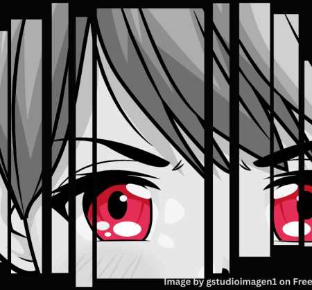 A black and white anime drawing of a woman's red eyes as if peering through shattered glass