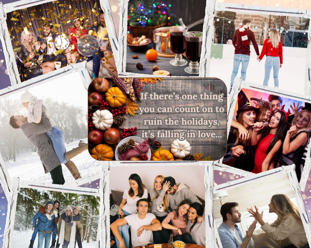 A moodboard showing Halloween and New Year's parties with a group of friends. Couples are playing in the snow and ice skating, but also arguing. "If there's one thing you can count on to ruin the holidays, it's falling in love."