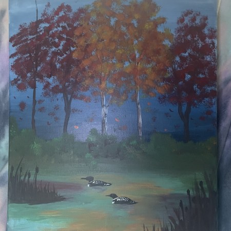 Acrylic painting of red and orange autumn trees behind a hidden pond with a pair of Loons.