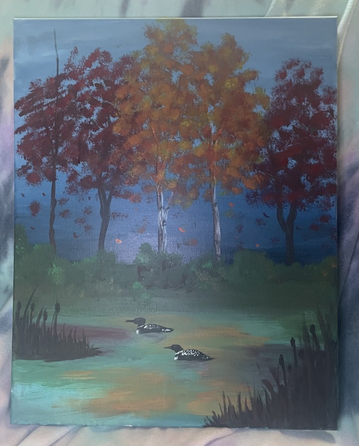 Acrylic painting of red and orange autumn trees behind a hidden pond with a pair of Loons.