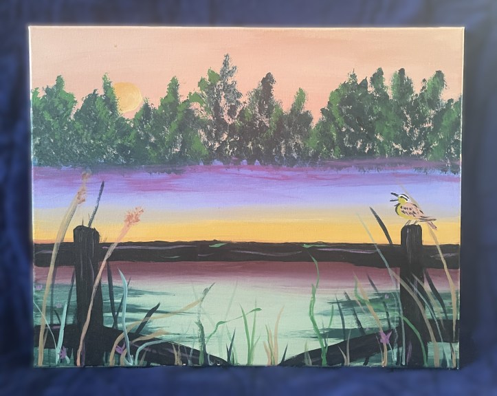 Acrylic painting of forest with colorful mist in the foreground and a meadowlark singing from a fencepost.